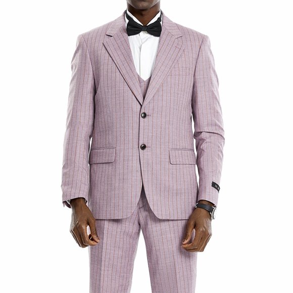 Men's Pinstripe 3-Piece Suit w/ Double Breasted Vest, Dusty Rose - Picture 2 of 8